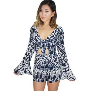 Anthropologie RAGA Tropical Blues Cut Out Romper Navy White Cut Out Bell Sleeve